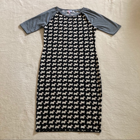 LuLaRoe Dresses & Skirts - LuLaRoe Julia Scottie Dog Black and Cream Print Dress Size S Gray Raglan Sleeves